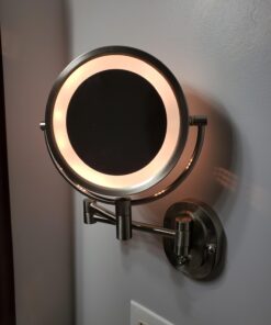 JERDON Two-Sided Wall-Mounted Makeup Mirror with Halo Lighting - Lighted Makeup Mirror with 5X Magnification & Wall-Mount Arm - Plug in Round Mirror with Nickel Finish Wall Mount - Model HL65N 23 619YxA31jML