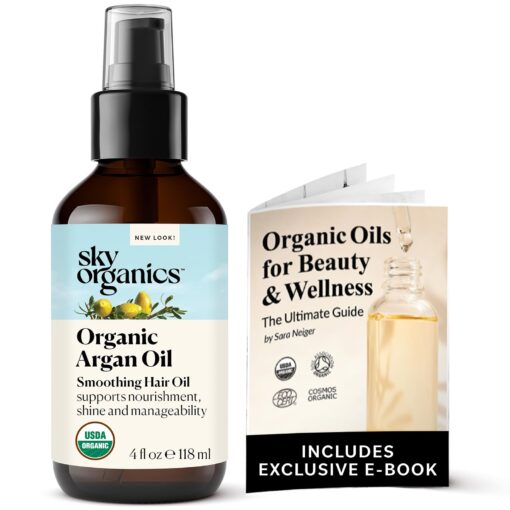 Sky Organics Organic Argan Oil for Hair, 100% Pure & Cold-Pressed USDA Certified Organic to Hydrate, Soften & Smooth, 4 fl. Oz + Ebook