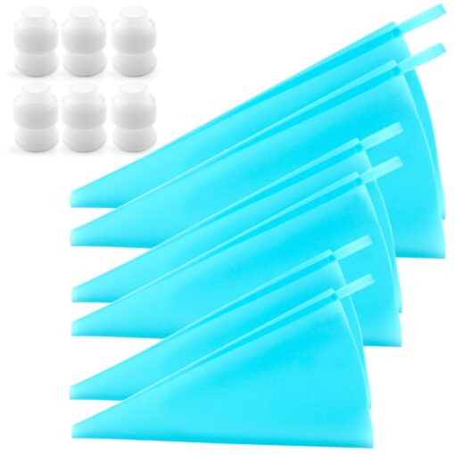 Weetiee Silicone Pastry Bags, 3 Sizes Reusable Icing Piping Bags Baking Cookie Cake Decorating Bags (12’’+14’’+16’’)- 6 Pack - Bonus 6 Icing Couplers Fit Wilton Standard Size Tips Supplies Blue