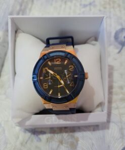 GUESS Women Stainless Steel Quartz Watch with Silicone Strap Blue/Blue/Rose Gold Tone/Blue 29 619doEyfljL