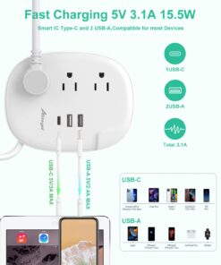 Alitayee USB C Travel Power Strip,Portable Power Strip with 3 Outlets 3 USB Ports Fast Charge, USB Extension Cord with Flat Plug and 4ft Wrapped Around Extension Cord for Cruise Travel Home Office 15.5W USB-4FT 02-White 18 619q135eTlL