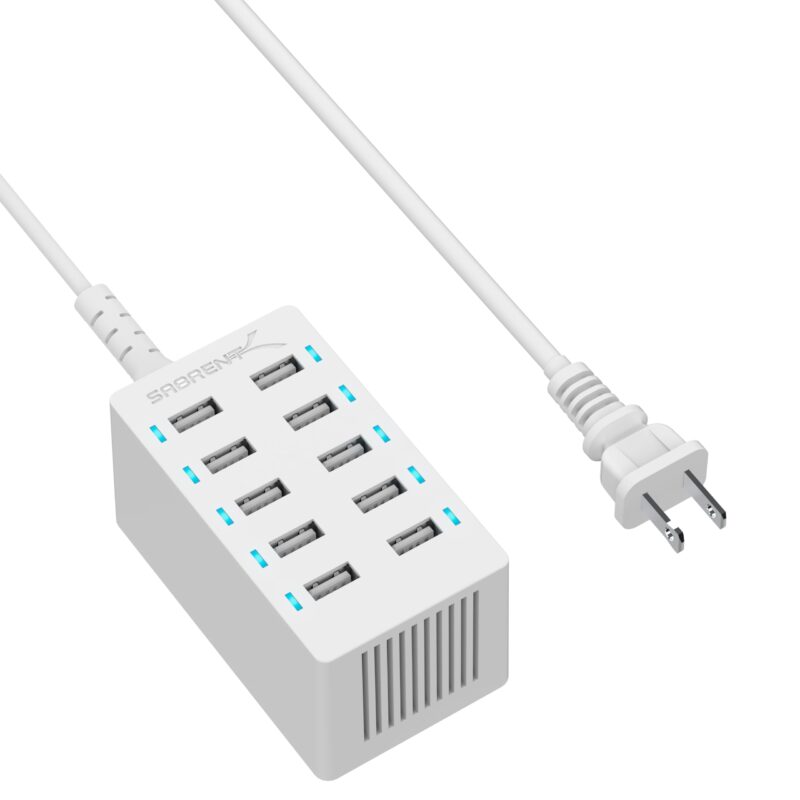SABRENT 60 Watt (12 Amp) 10 Port [UL Certified] Family Sized Desktop USB Rapid Charger. Smart USB Charger with Auto Detect Technology [White] (AX-TPCS-W) 10-Port
