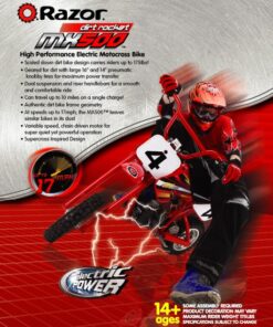 Razor MX500 Dirt Rocket Adult & Teen Ride On High-Torque Electric Motocross Motorcycle Dirt Bike, Speeds up to 15 MPH, Ages 14 and Up, Red 10-12" 19 61A x7b1G S