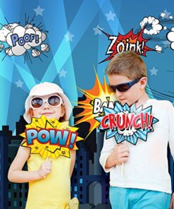 Alternative view of Superheroes Theme Party Photography Backdrop with Prop, Flag & Mask. Super Hero Cityscape Photo Booth Background for Kids Party, Birthday Wall Decorations 4*5.5 feet