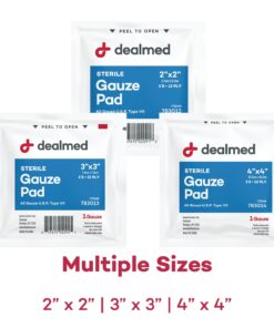 Dealmed Sterile Gauze Pads – 100 Count, 4’’ x 4’’ Disposable and Individually Wrapped Gauze Pads, Wound Care Product for First Aid Kit and Medical Facilities 4x4 Inch (Pack of 100) 10 61AIrQtNP3L