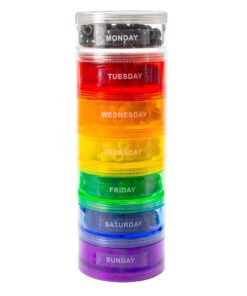 GMS 7 Stack-able Pill Organizers with 2 Lids and 7 Day Adhesive Labels for Organizing Vitamins, Supplements, and Medications (Medium Rainbow, 7 3/4 Inches in Height 2 Inches in Diameter) Medium (Pack of 1) 15 61Az3olJJrL