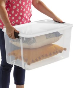 Sterilite 70 Qt Ultra Latch Box, Stackable Storage Bin with Latching Lid, Organize Clothes, Sport Gear in Basement, Clear with White Lid, 4-Pack 70 Quart 31 61BDsL0qutL