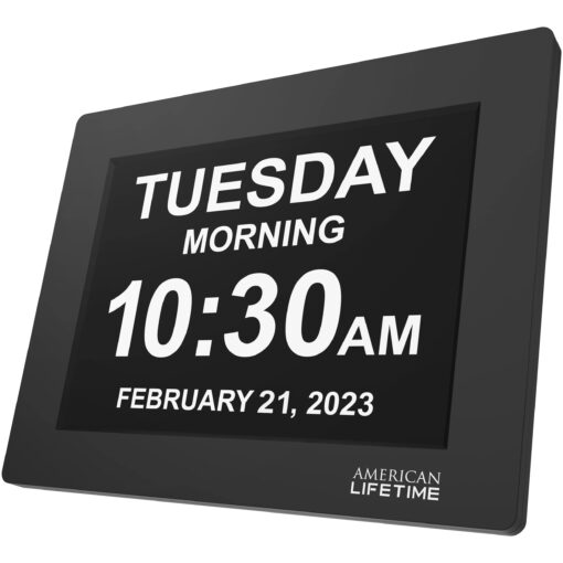 American Lifetime Large Digital Clock for Seniors, Black, 8 inch, with Day & Date, Customizable Alarms, Auto-Dimming, Multi-Language Support, Battery Backup, Easy Setup, and Gift Option