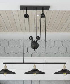 WINSOON 3 Light Industrial Pendant Light, Pulley Pool Table Light Fixture Billiard Light, Retro Steampunk Hanging Lamp, Adjustable Vintage Kitchen Island 3-Head Lights, Matte Black Painted 3 Pack 29 61BmHgmaPJL