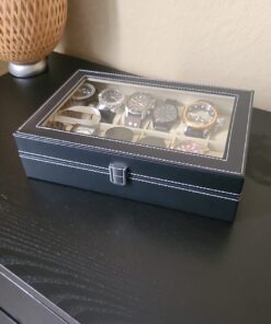 READAEER 12 Slot PU Leather Watch Box Display Case Jewelry Organizer with Glass Top 31 61C38 ePTOL