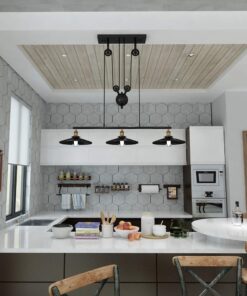 WINSOON 3 Light Industrial Pendant Light, Pulley Pool Table Light Fixture Billiard Light, Retro Steampunk Hanging Lamp, Adjustable Vintage Kitchen Island 3-Head Lights, Matte Black Painted 3 Pack 25 61C7Kd0Vk1L