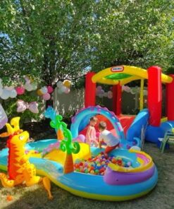 Little Tikes Jump 'n Slide Bouncer with Arched Canopy Overhead Cover, Plus Heavy Duty Blower, Stakes, Repair Patches, and Storage Bag |3-Kid Capacity, Ages 3-8 Years 34 61CIX4TncOL