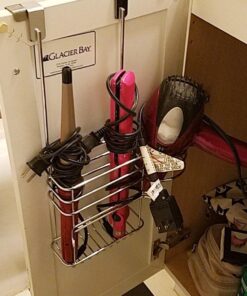 mDesign Metal Bathroom 2 Section Storage Tool Organizer Basket Tray - Hang Over Cabinet Door - Storage for Hair Dryer, Straightener, Curling Iron, Styling Products - Concerto Collection - Chrome 25 61CilemwuIL