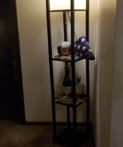 Floor Lamp with Shelves - Room Light by LIGHTACCENTS - Corner Storage Standing Bookshelf Lamp - Bedroom Light with Wooden Storage Shelves and White Cotton Linen Shade (Black) Black 42 61D1fjHhxdL