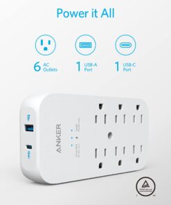 Alternative view of Anker Outlet Extender and USB Wall Charger, 6 Outlets and 2 USB Ports, 20W USB C Power Delivery High-Speed Charging iPhone 15/15 Plus/15 Pro/15 Pro Max, Multi-Plug for Dorm, Home, and Office, White