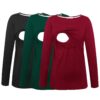Smallshow Women's Maternity Nursing Tops Comfy Long Sleeve Breastfeeding T-Shirt Medium Wine/Green/Black (Cotton)