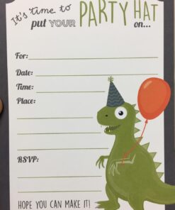 Koko Paper Co Dinosaur Party Invitations, Fill-In Style T-Rex Design For Boys and Girls, with Envelopes, Set of 25, 4.25” x 6” Printed on Heavy 140lb Card Stock 16 61DZcC9IPOL