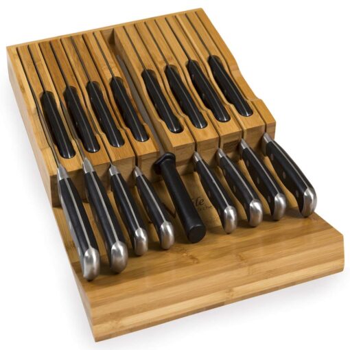 In-Drawer Bamboo Knife Block Holds 16 Knives (Not Included) Without Pointing Up PLUS a Slot for your Knife Sharpener! Noble Home & Chef Knife Organizer Made from Quality Moso Bamboo 16 Holder