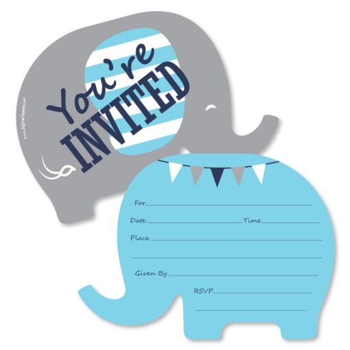 Blue Elephant - Shaped Fill-In Invitations - Boy Baby Shower or Birthday Party Invitation Cards with Envelopes - Set of 12