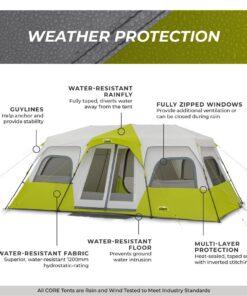 CORE 12 Person Instant Cabin Tent | 3 Room Huge Tent for Family with Storage Pockets for Camping Accessories | Portable Large Pop Up Tent for 2 Minute Camp Setup Green 26 61DoP3dO7sL