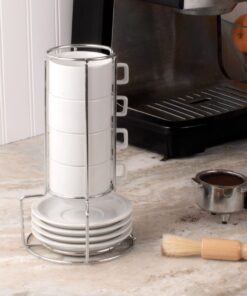 HIC Kitchen 9-Piece Stackable Espresso Coffee Set, Fine White Porcelain, 4 (4-Ounce) Cups with Matching Saucers and Metal Stand, Gift Boxed 18 61E0qYhCGwL