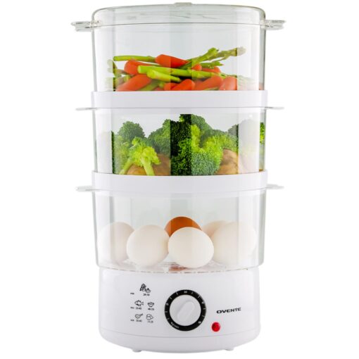 OVENTE 3 Tier Electric Food Steamer for Cooking Vegetable and Healthy Meals, Stackable and Dishwasher Safe Baskets, 400W with Auto Shutoff and 60-Minute Timer, 7.5 Quart Capacity, White FS53W 3-Tier