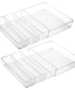 mDesign Plastic Adjustable/Expandable Divided Drawer Storage Organizer with 4 Compartments for Kitchen Pantry, Cupboard, Cabinet, Hold Silverware, Utensils, Cutlery - Ligne Collection - 2 Pack - Clear 4 Compartment Expandable Pack of 2 24 61EVgMsX27L