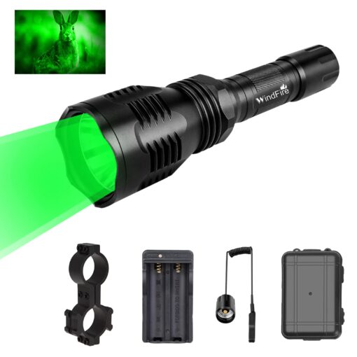 WindFire WF802 350 lumens Green Light Hunting Kit Waterproof 250 Yard LED Coyote Hog Fox Predator Varmint Flashlight with Remote Pressure Switch & 1" Scope Mount