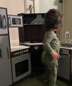 Amazon Basics Kids Corner Wooden Kitchen Toy Playset with Stove, Oven, Sink, Fridge and Accessories, for Toddlers, Preschoolers, Children Age 3+ Years, Espresso/Gray, 39.37"L x 28.35"W x 35.04"H Corner Kitchen 38 61Fm8YayhPL