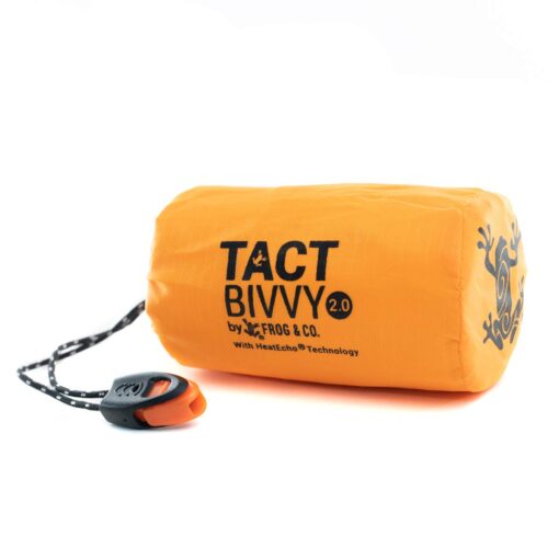 Survival Frog Tact Bivvy 2.0 Emergency Sleeping Bag w/Stuff Sack, Carabiner, Survival Whistle, ParaTinder - Compact, Lightweight, Waterproof, Reusable, Thermal Bivy Sack Cover, Shelter Kit New 2.0 Tactical Orange