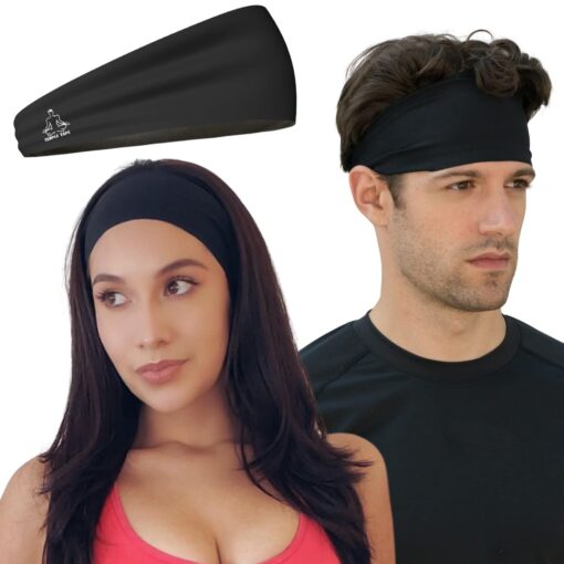 Headbands for Men and Women - Mens Sweatband & Sports Headband Moisture Wicking Workout Sweatbands for Running, Cross Training, Yoga and Bike Helmet Friendly Black