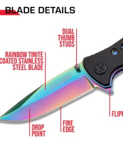 TAC Force Spring Assisted Folding Pocket Knife – Rainbow TiNite Coated Drop Point Blade and Liner, Black Aluminum Handle w/ Rope Cutter, Glass Punch, and Clip, Tactical, EDC, Rescue - TF-509 4.75 inch 25 61GwsPjvK2L
