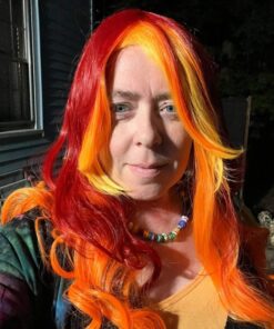 MQ Women Orange Yellow Wigs, Long Curly Wavy Wig for Girls 29.5 Inch Colorful Wigs Cosplay Costume Party Fluffy Wig Synthetic Charming Heat Friendly Ombre Wigs (Yellow to Orange to Red) 32 61GxvntNRUL