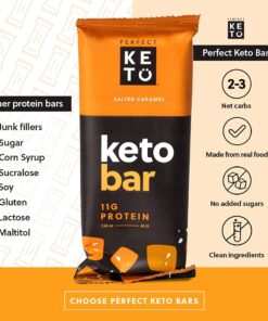 Perfect Keto Bars - The Cleanest Keto Snacks with Collagen and MCT. No Added Sugar, Keto Diet Friendly - 3g Net Carbs, 18g Fat,11g protein - Keto Diet Food Dessert (Salted Caramel, 12 Bars) Salted Caramel 12 Count (Pack of 1) 24 61H06Cs6xnS