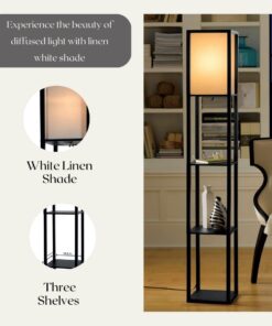 Floor Lamp with Shelves - Room Light by LIGHTACCENTS - Corner Storage Standing Bookshelf Lamp - Bedroom Light with Wooden Storage Shelves and White Cotton Linen Shade (Black) Black 32 61HBtm8w0JL