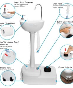 SereneLife Portable Camping Sink w/Towel Holder & Soap Dispenser - Hand Wash Basin Stand w/Rolling Wheels - For Outdoor Events, Gatherings, Worksite & Camping White Standard Towel Holder & Dispenser 28 61HL2Xkr5pL 1