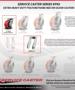 Extra Heavy Duty Kingpinless 6” x 3” Red Polyurethane Tread on Metal Core Caster Set - 2 Swivel with Brakes/2 Swivel - 8,000 lbs. Total Capacity - Service Caster Brand - Set of 4 6" Wheel 4 Swivel w/2 Side Lock Brakes 9 61HoFE8AzeL