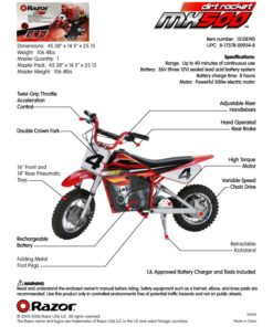 Razor MX500 Dirt Rocket Adult & Teen Ride On High-Torque Electric Motocross Motorcycle Dirt Bike, Speeds up to 15 MPH, Ages 14 and Up, Red 10-12" 20 61HwP1NJfeS