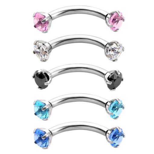 PiercingJ 2-5PCS 16G 3/8" (10MM) Stainless Steel Cubic Zirconia Gem(3MM) Internally Thread Curved Barbell Eyebrow Piercing Jewelry 5pcs Mixed Colors