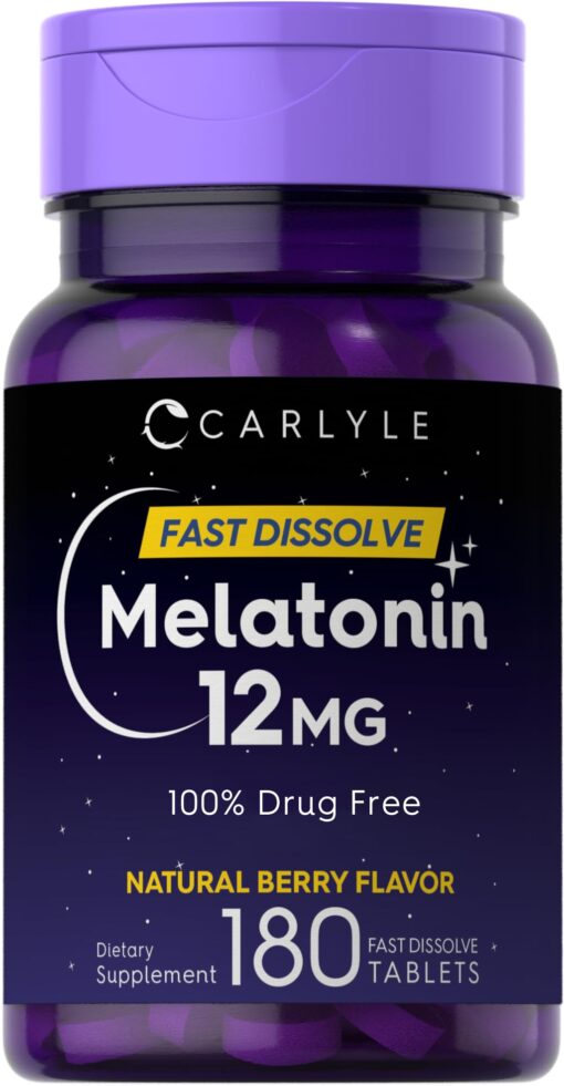 Carlyle Melatonin 12 mg Fast Dissolve 180 Tablets | Drug Free | Natural Berry Flavor | Vegetarian, Non-GMO, Gluten Free 180 Count (Pack of 1)