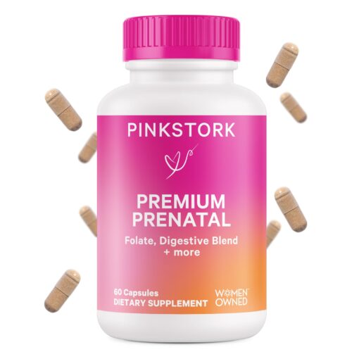 Pink Stork Premium Prenatal Vitamins for Women with Organic Whole-Food Ingredients for Fetal Development and Morning Sickness Support, Probiotics, Folate, B6, & More - 60 Capsules