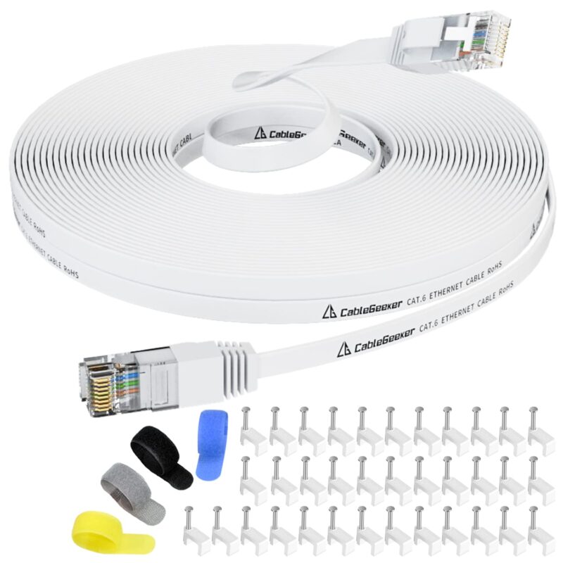 Catalog 2 Cat 6 Ethernet Cable 100 ft, Indoor&Outdoor, High Speed 10Gbps Flat Internet Network Cable, Cat6 Ethernet Patch Cable Long, White Computer LAN Cable with Free Clips & Straps for Router, Modem, PS4/5 100ft