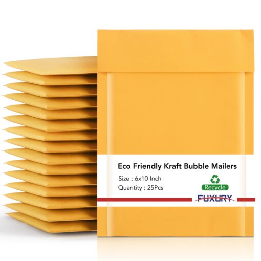 Fuxury Kraft Bubble Mailer 6x10 Inch 25 Pack，Strong Adhesion Padded Envelopes,Self Seal Bubble Envelopes, Waterproof Cushioned Bubble Mailers Packaging for Small Business，Bulk #0 Mailers Yellow 6x10" 25Pc