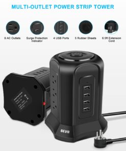 Power Strip Tower Surge Protector, BEVA Surge Protector Tower with 9 AC Outlet and 4 USB Ports, 18AWG 6.5 Feet Extension Cord, 3-Prong Flat Plug, Multiple Outlets for Office Apartment Dorm Essentials 6.5ft-Black 26 61J0Vhoy0mL