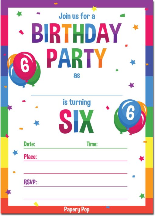 Papery Pop 6th Birthday Party Invitations with Envelopes (15 Count) - 6 Year Old Kids Birthday Invitations for Boys or Girls - Rainbow