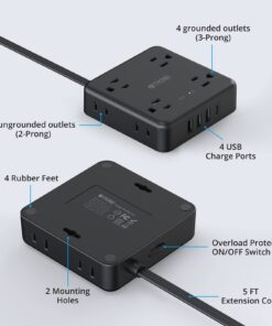 TROND Power Strip Surge Protector - Flat Plug Extension Cord, 8 Widely-Spaced Outlets, 4 USB Charger(1 USB C Port), 5FT Ultra Thin Cord, 1440J, Flat Wall Plug, Desk Charging Station for Travel, Black 5 FT-1 USB C 41 61KJo6aA1TL