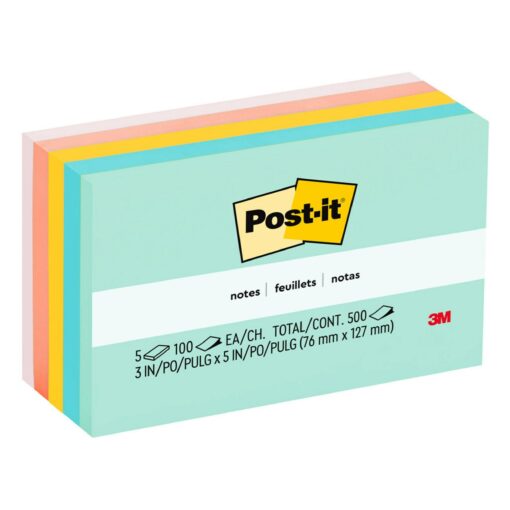 Post-it Notes Original Pads in Beachside Cafe Collection Colors, 3" x 5", 100 Sheets/Pad, 5 Pads/Pack