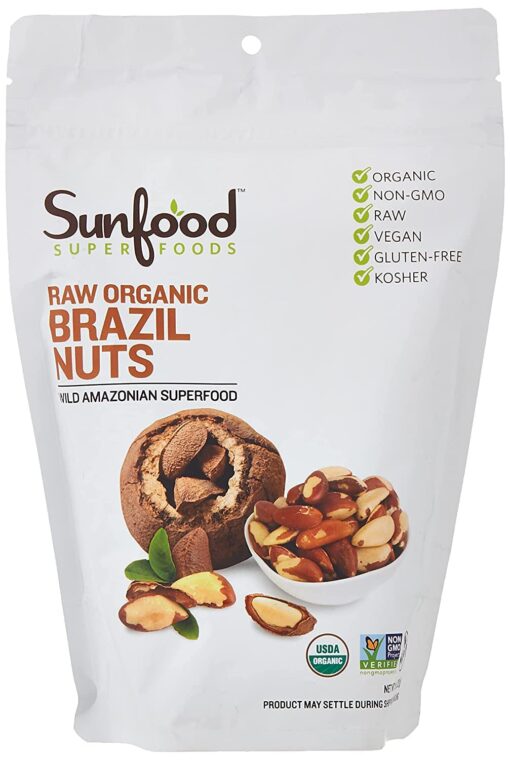 Sunfood Superfood Brazil Nuts - Raw Organic - Non GMO - Rich in Protein, Fiber, Healthy Fats - Low Temperature Dried to Preserve Nutrients - No Preservatives pr Additives 8 oz Bag