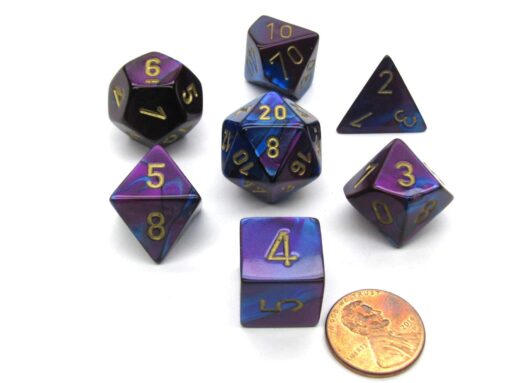 Chessex Manufacturing Cube Gemini Set of 7 Dice - Blue & Purple with Gold Numbering CHX-26428