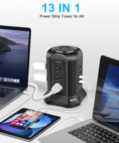 Alternative view of Power Strip Tower Surge Protector, BEVA Surge Protector Tower with 9 AC Outlet and 4 USB Ports, 18AWG 6.5 Feet Extension Cord, 3-Prong Flat Plug, Multiple Outlets for Office Apartment Dorm Essentials 6.5ft-Black